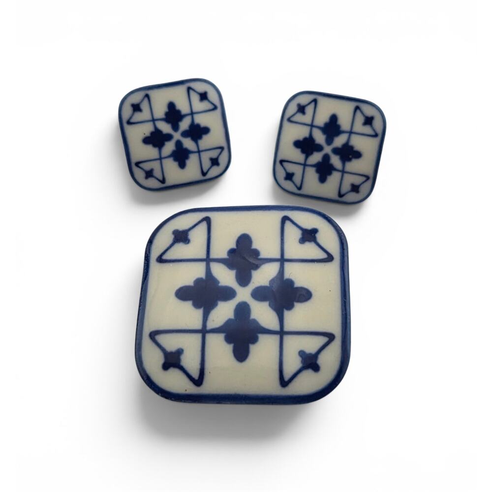 Vintage Hook & Ayres Design Porcelain Gem Brooch Earrings Set